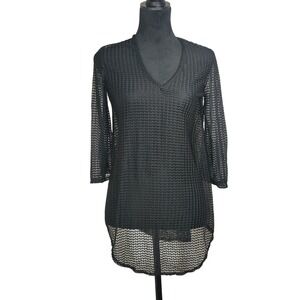 JORDAN TAYLOR Black Sheer Knit V Neck 3/4 Sleeve Tunic Top layering dark cover